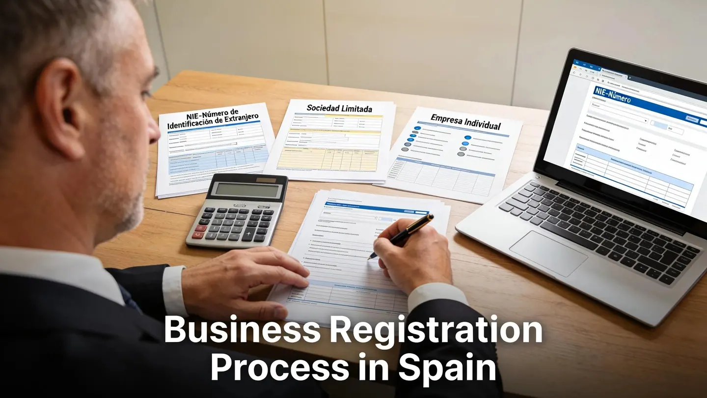 Business owner completing registration paperwork in a Spanish office, surrounded by essential documentation for business setup