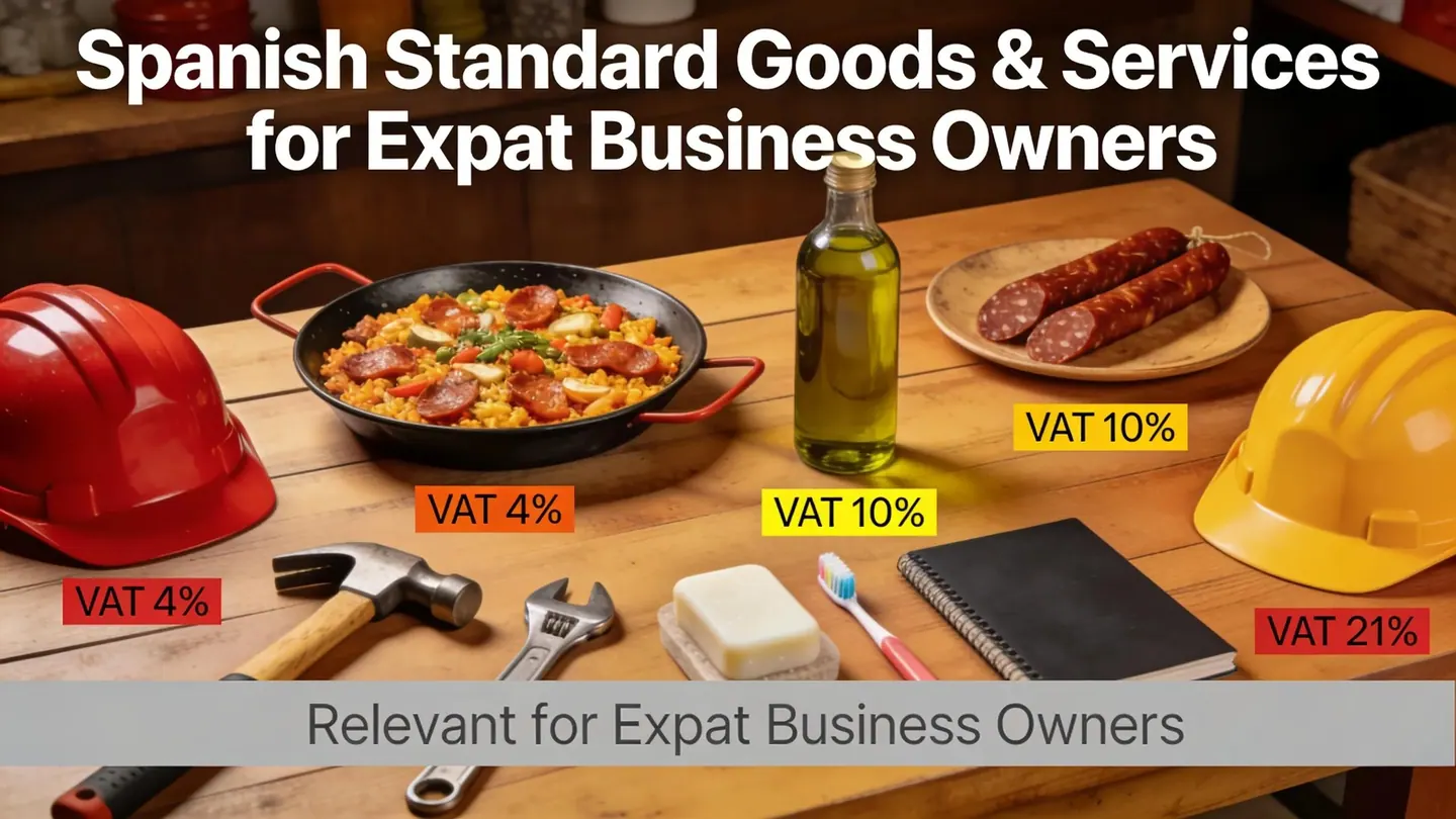 Diverse Spanish goods illustrating different VAT rates applicable for expat businesses.