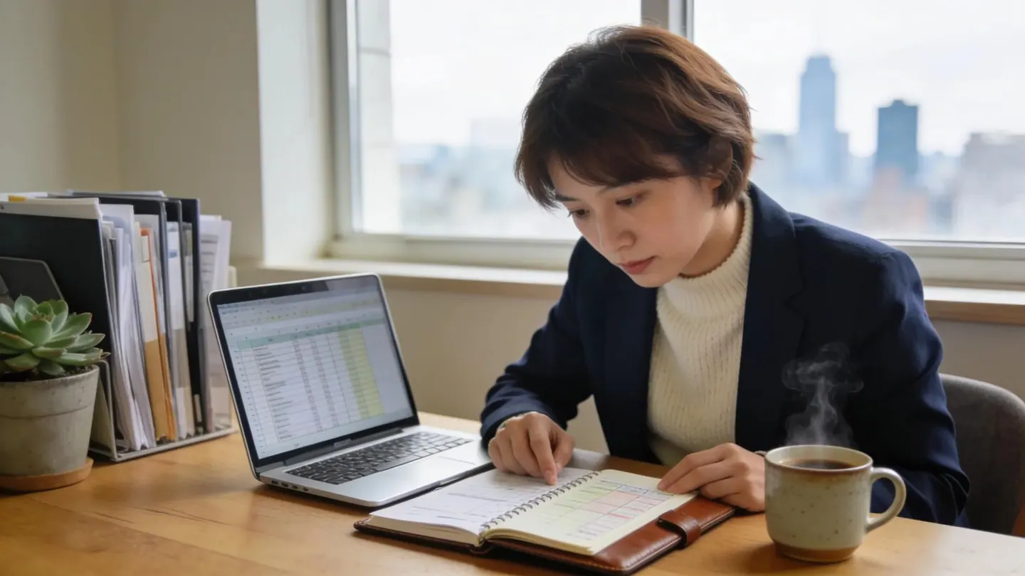 Expat entrepreneur reviewing bookkeeping records in a cozy office