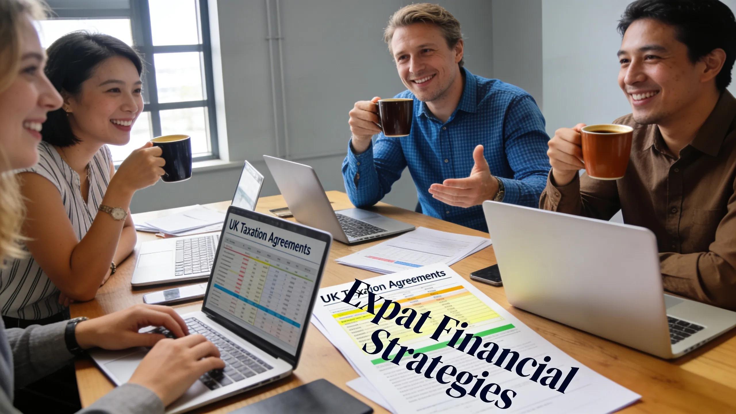 UK expats collaborating on financial strategies in a professional setting