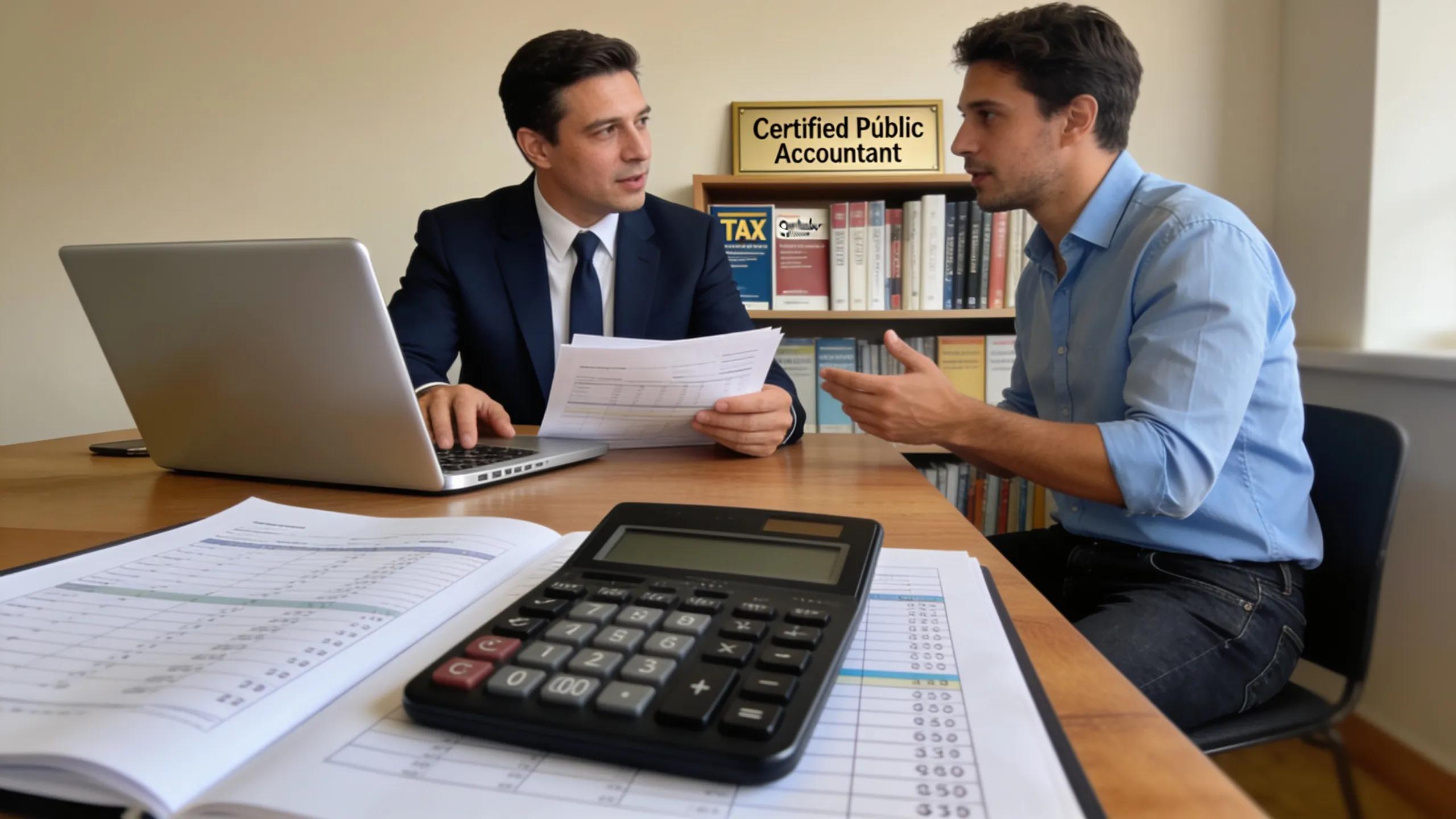 Accountant assisting a new business owner with tax obligations in a Spanish office, emphasizing financial discussions and paperwork