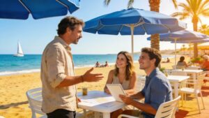 Scenes of entrepreneurship on the Costa del Sol, emphasizing outdoor business consultations in a sunny setting