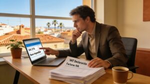 Expat business owner in a modern Spanish office reviewing VAT documents and strategies.
