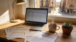 Cozy home office scene with a laptop and financial documents representing bookkeeping for expats in Spain