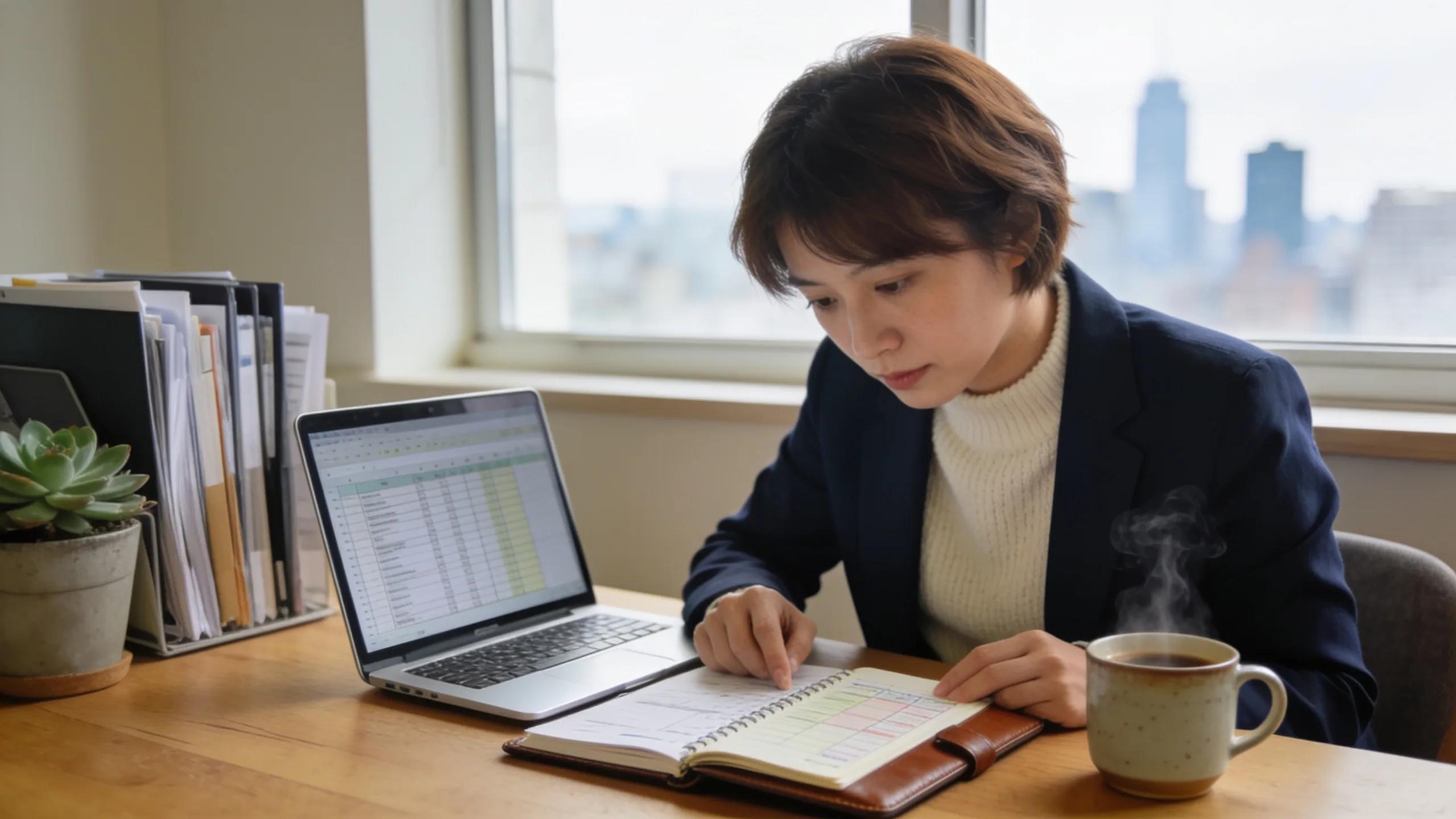 Expat entrepreneur reviewing bookkeeping records in a cozy office