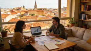 Expats discussing business strategies in a warm Spanish workspace